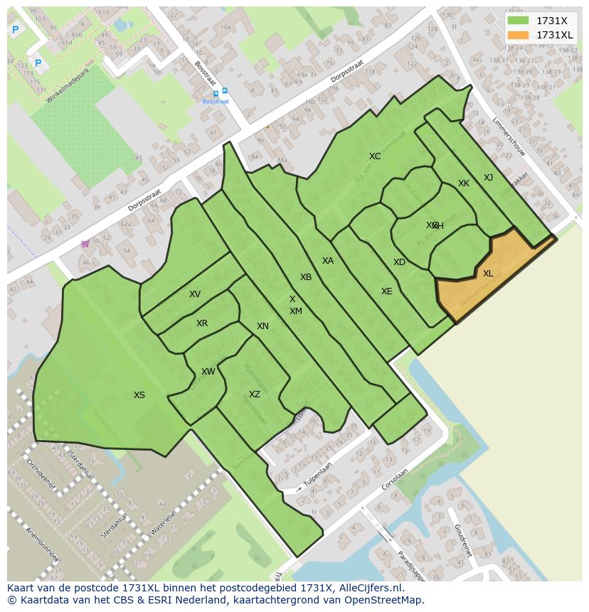 Afbeelding van het postcodegebied 1731 XL op de kaart.