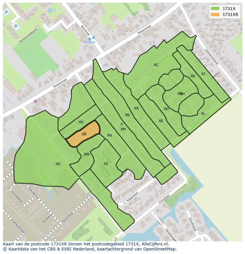 Afbeelding van het postcodegebied 1731 XR op de kaart.