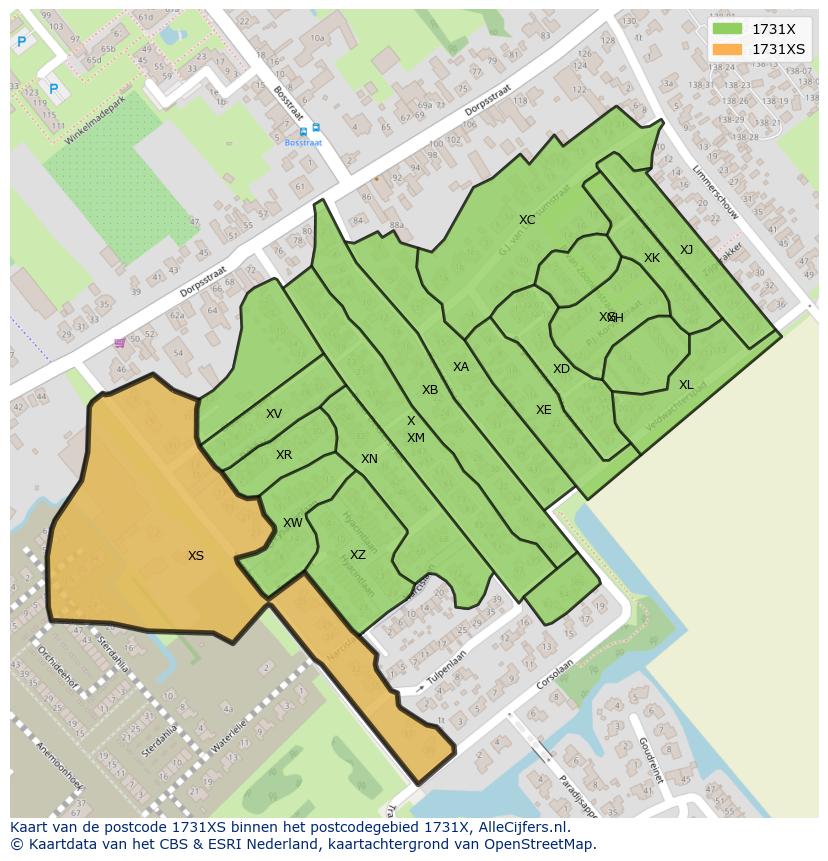 Afbeelding van het postcodegebied 1731 XS op de kaart.