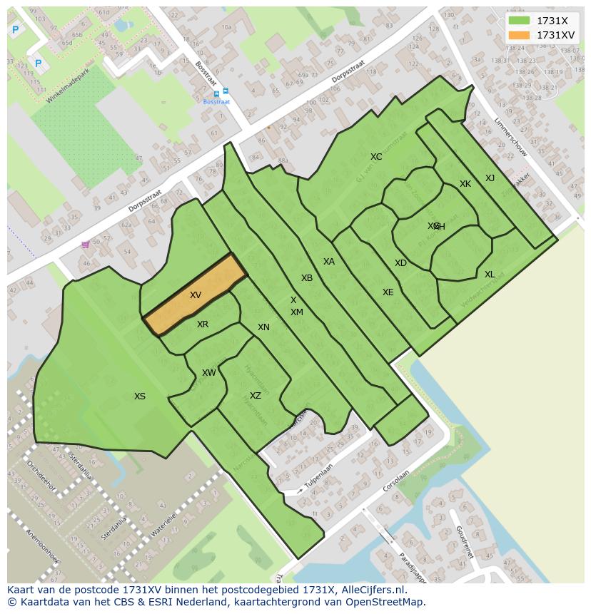 Afbeelding van het postcodegebied 1731 XV op de kaart.