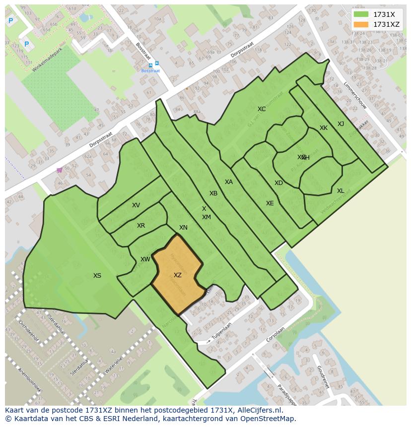 Afbeelding van het postcodegebied 1731 XZ op de kaart.