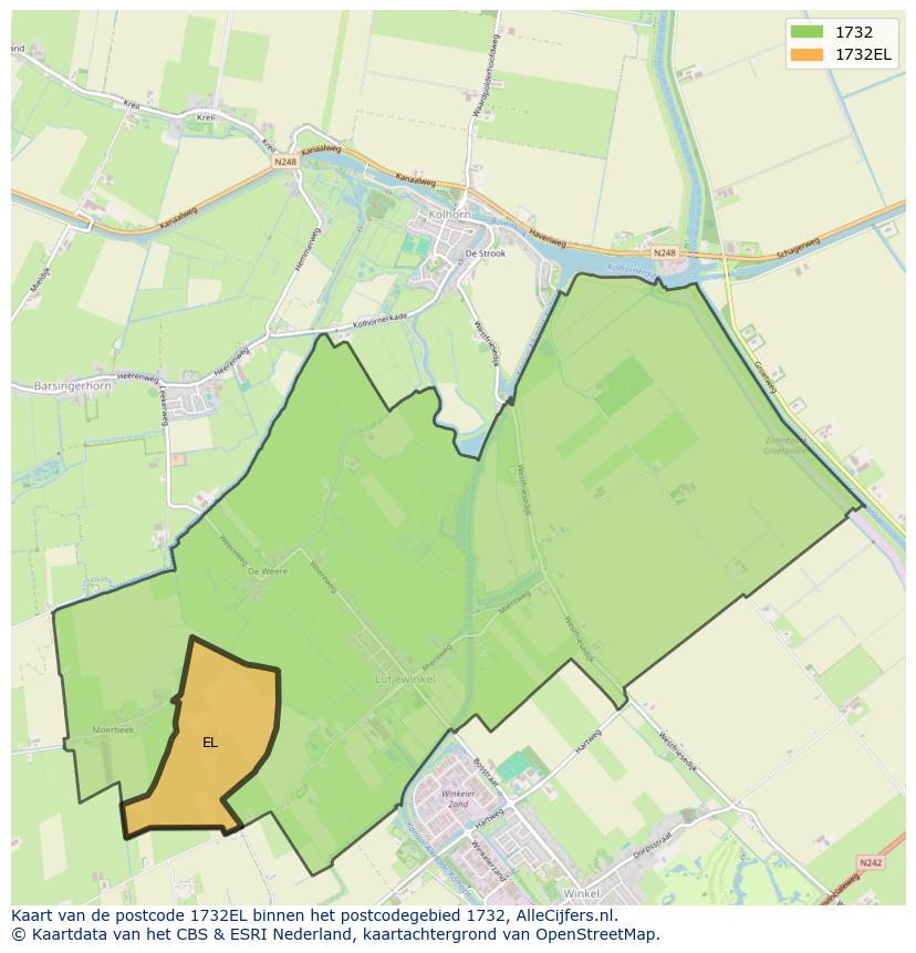 Afbeelding van het postcodegebied 1732 EL op de kaart.
