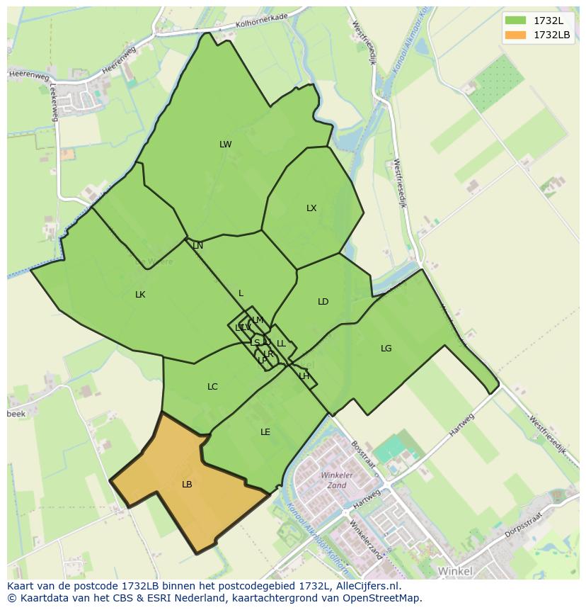 Afbeelding van het postcodegebied 1732 LB op de kaart.