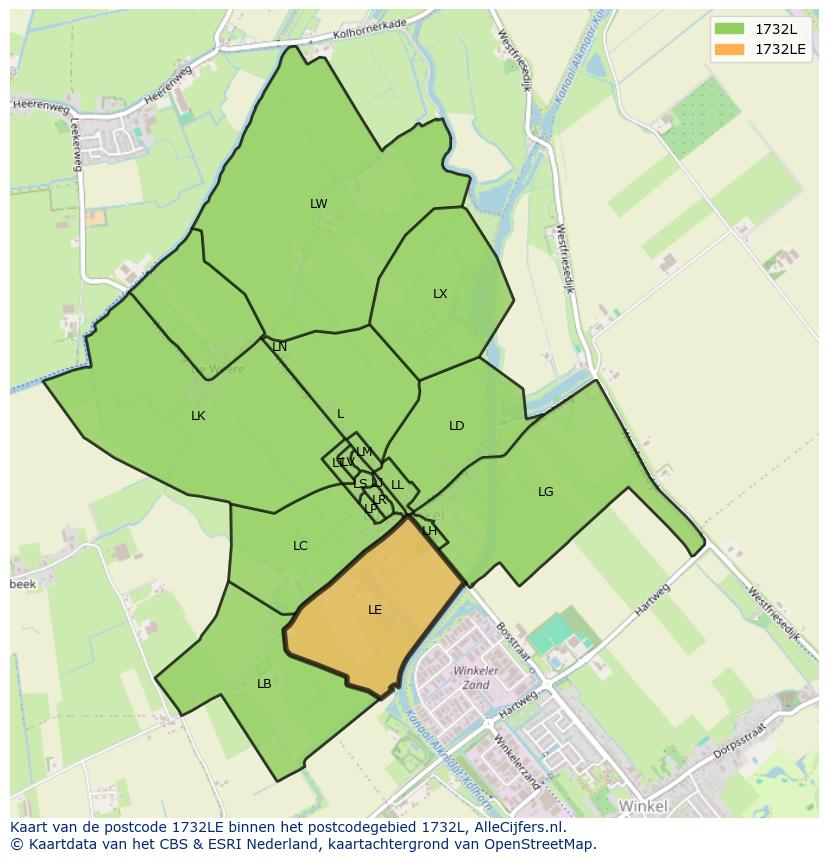 Afbeelding van het postcodegebied 1732 LE op de kaart.