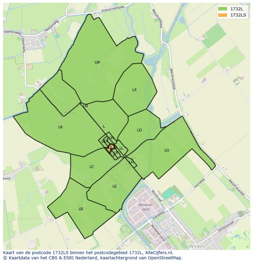 Afbeelding van het postcodegebied 1732 LS op de kaart.