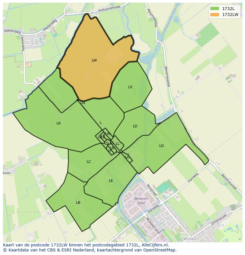 Afbeelding van het postcodegebied 1732 LW op de kaart.