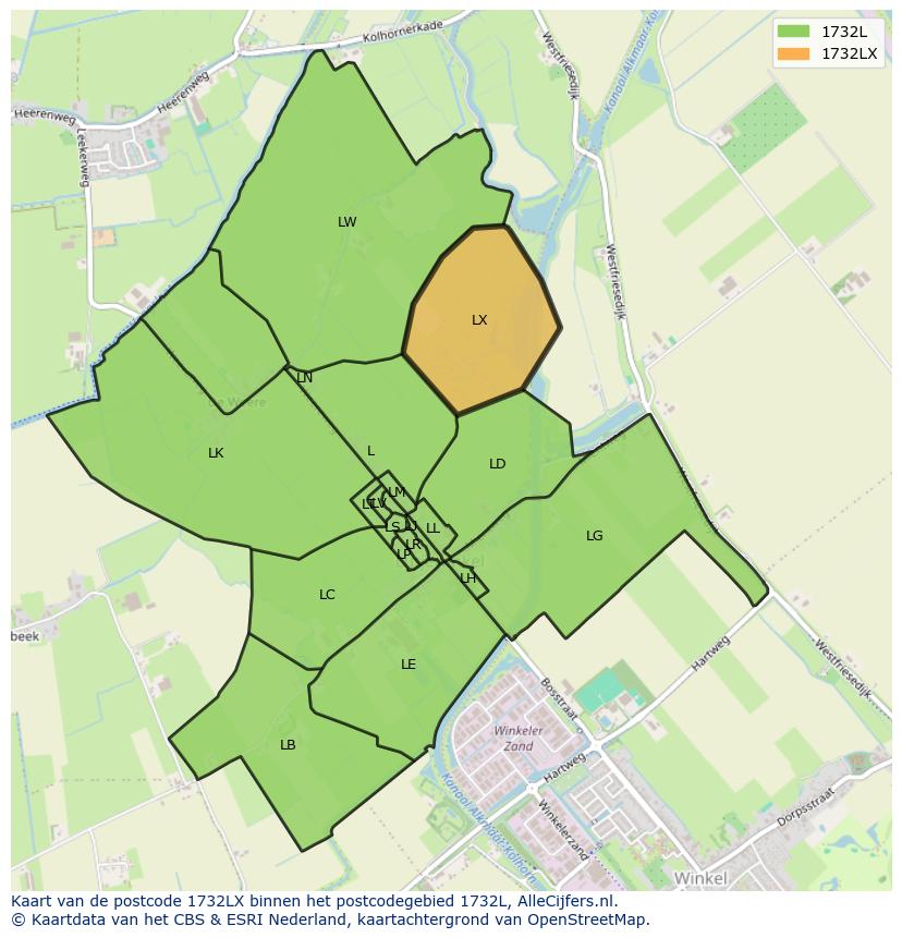 Afbeelding van het postcodegebied 1732 LX op de kaart.