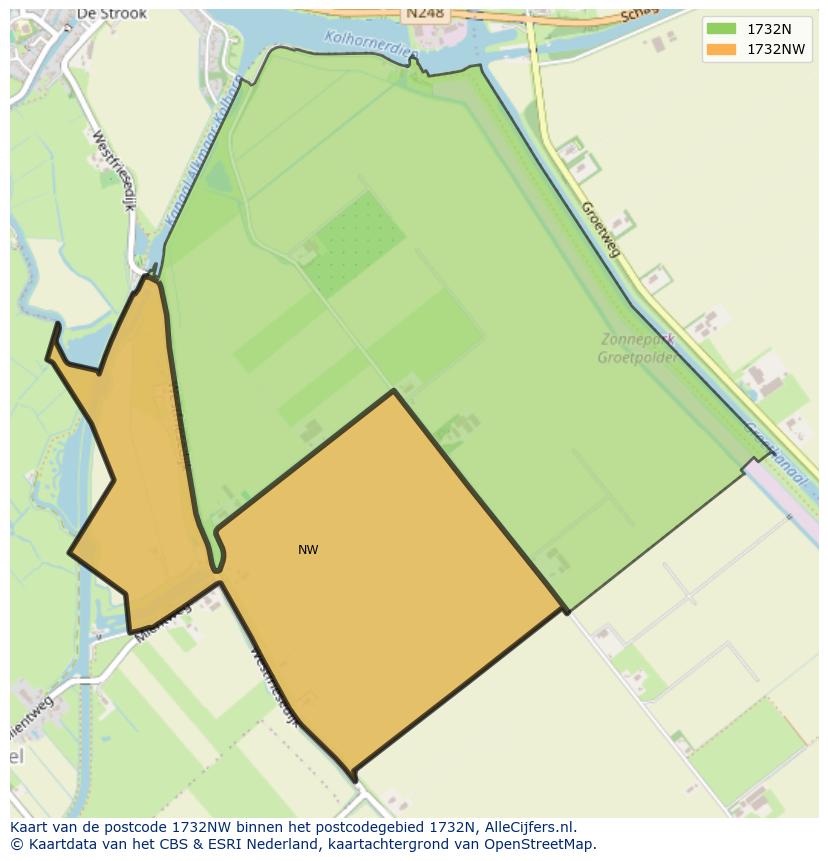 Afbeelding van het postcodegebied 1732 NW op de kaart.