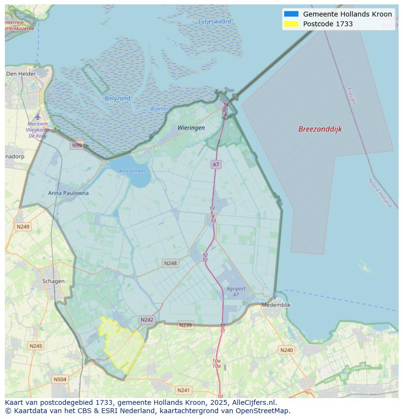 Afbeelding van het postcodegebied 1733 op de kaart.