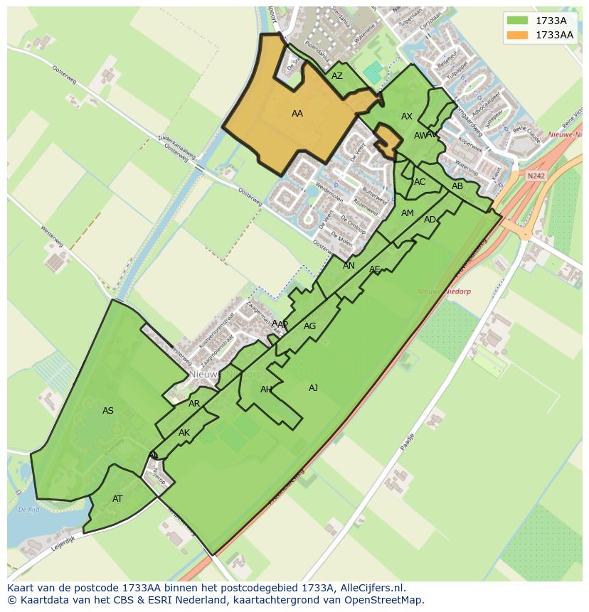 Afbeelding van het postcodegebied 1733 AA op de kaart.