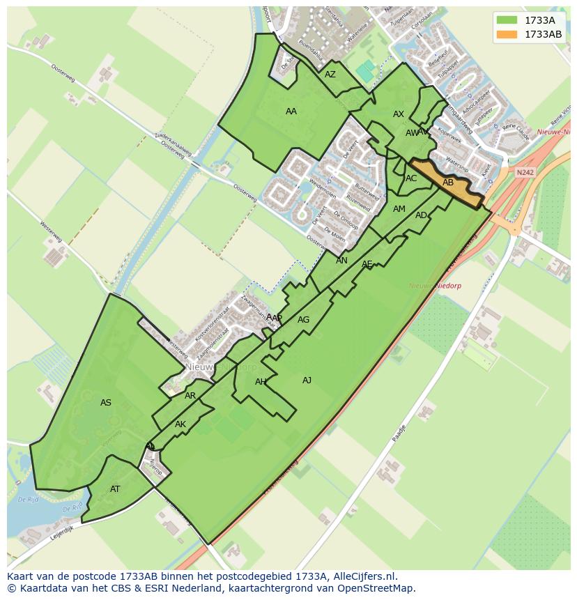 Afbeelding van het postcodegebied 1733 AB op de kaart.