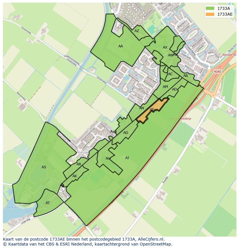 Afbeelding van het postcodegebied 1733 AE op de kaart.
