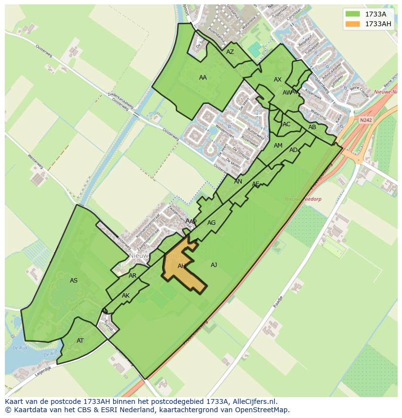 Afbeelding van het postcodegebied 1733 AH op de kaart.