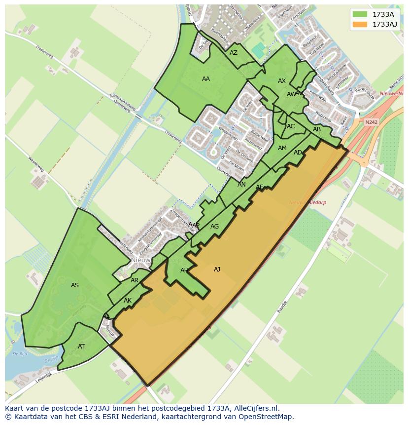Afbeelding van het postcodegebied 1733 AJ op de kaart.