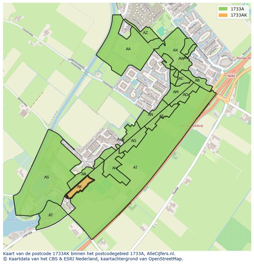 Afbeelding van het postcodegebied 1733 AK op de kaart.
