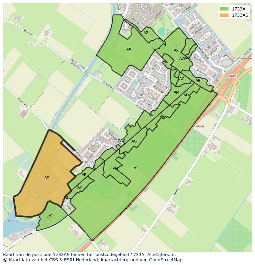 Afbeelding van het postcodegebied 1733 AS op de kaart.
