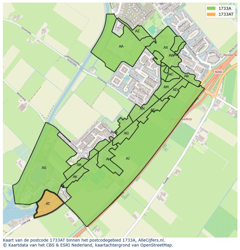 Afbeelding van het postcodegebied 1733 AT op de kaart.