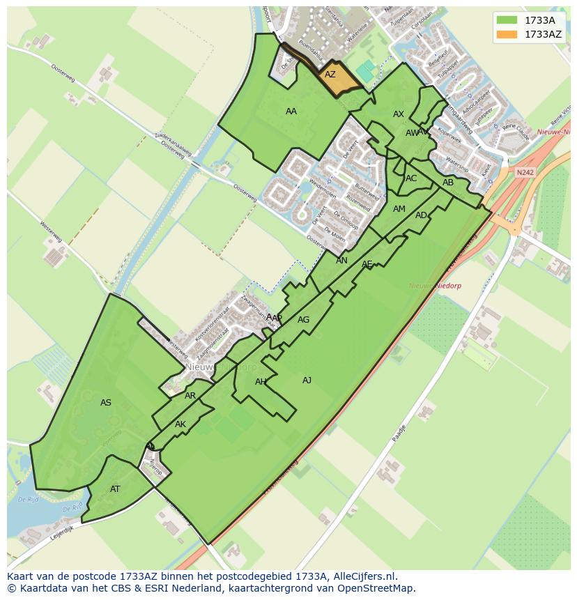 Afbeelding van het postcodegebied 1733 AZ op de kaart.