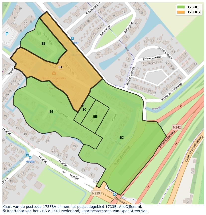 Afbeelding van het postcodegebied 1733 BA op de kaart.