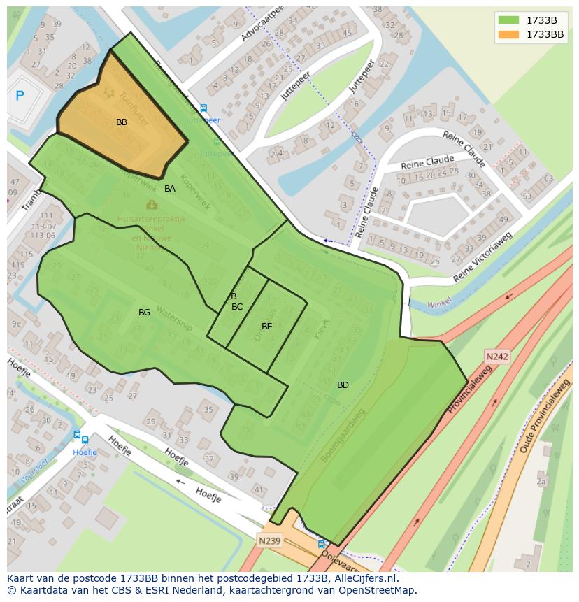 Afbeelding van het postcodegebied 1733 BB op de kaart.