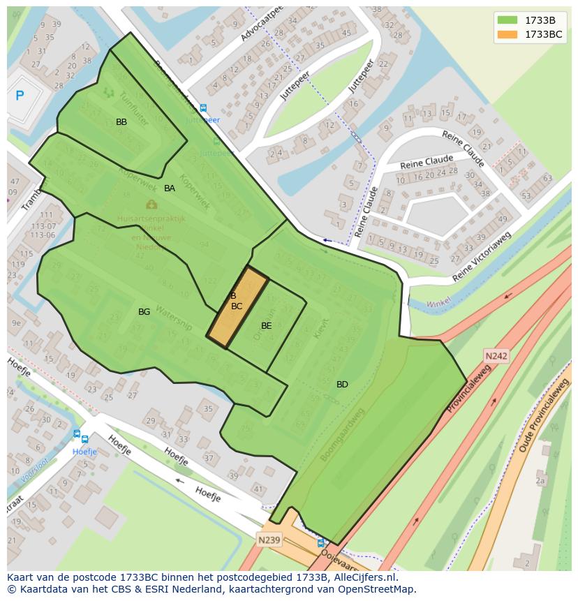 Afbeelding van het postcodegebied 1733 BC op de kaart.