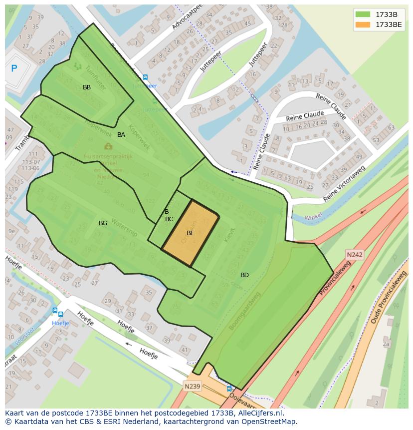 Afbeelding van het postcodegebied 1733 BE op de kaart.