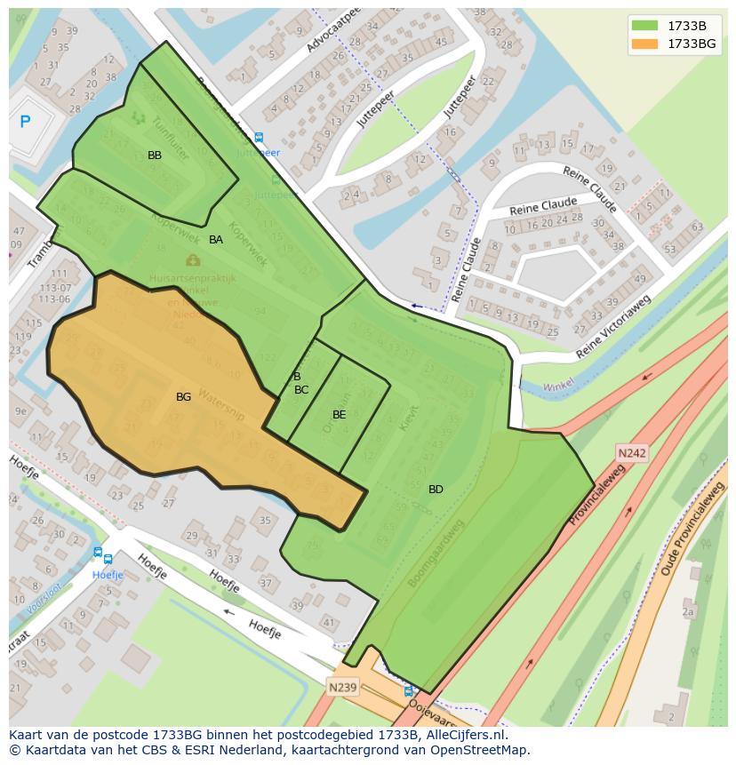 Afbeelding van het postcodegebied 1733 BG op de kaart.
