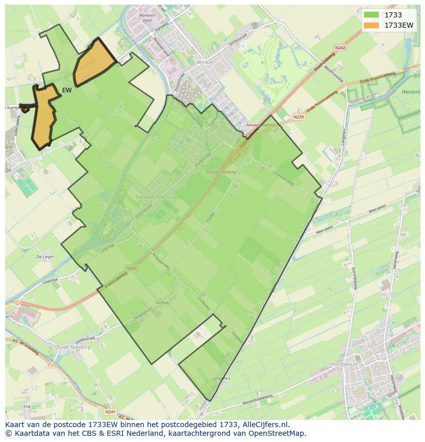 Afbeelding van het postcodegebied 1733 EW op de kaart.