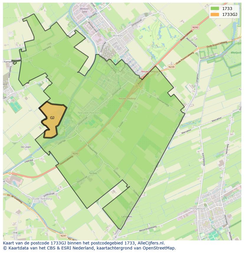 Afbeelding van het postcodegebied 1733 GJ op de kaart.