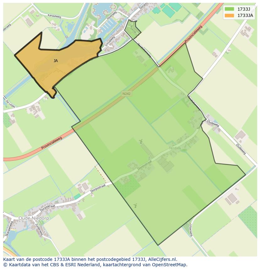 Afbeelding van het postcodegebied 1733 JA op de kaart.
