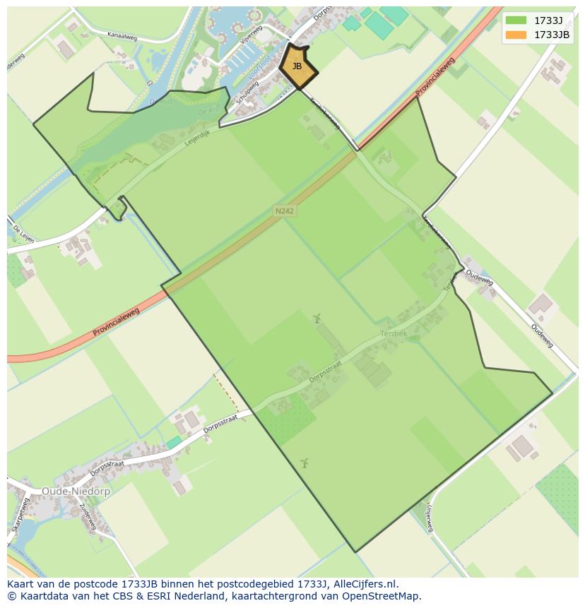 Afbeelding van het postcodegebied 1733 JB op de kaart.