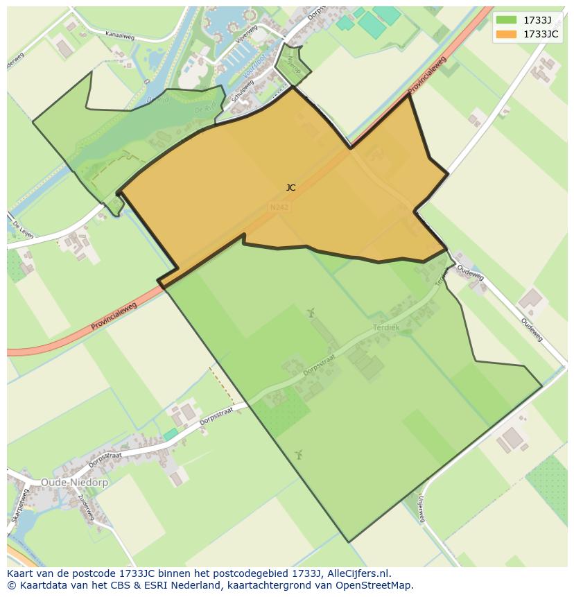 Afbeelding van het postcodegebied 1733 JC op de kaart.