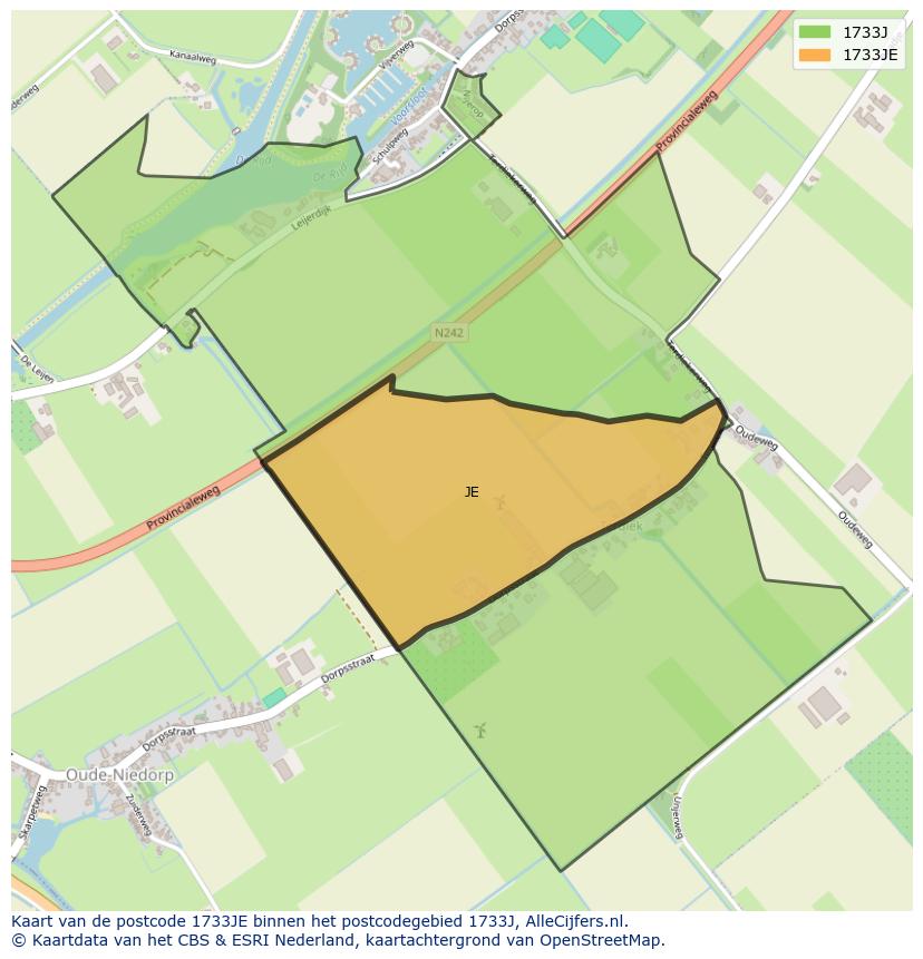 Afbeelding van het postcodegebied 1733 JE op de kaart.