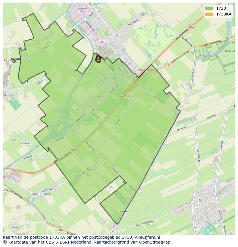 Afbeelding van het postcodegebied 1733 KA op de kaart.