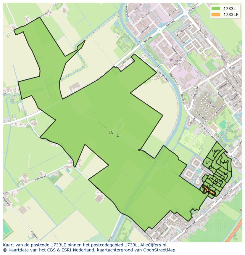 Afbeelding van het postcodegebied 1733 LE op de kaart.