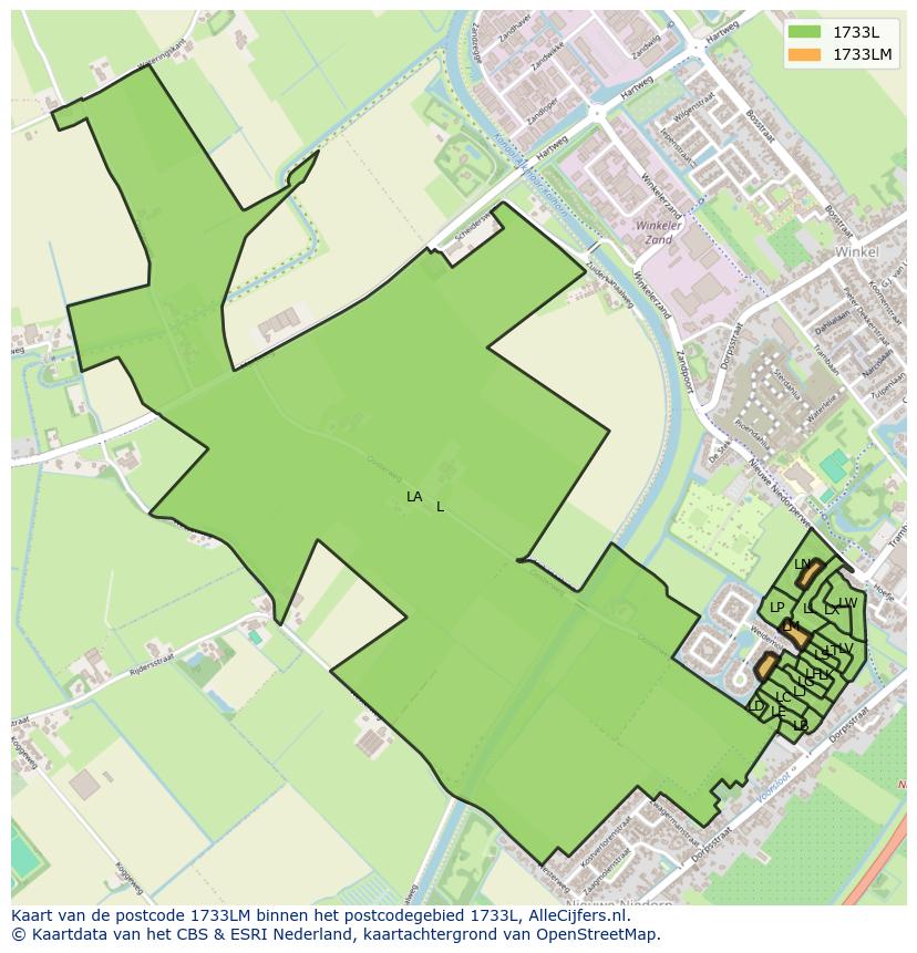 Afbeelding van het postcodegebied 1733 LM op de kaart.