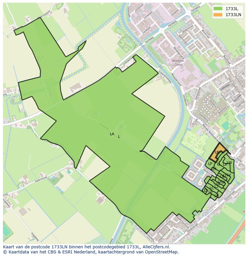 Afbeelding van het postcodegebied 1733 LN op de kaart.