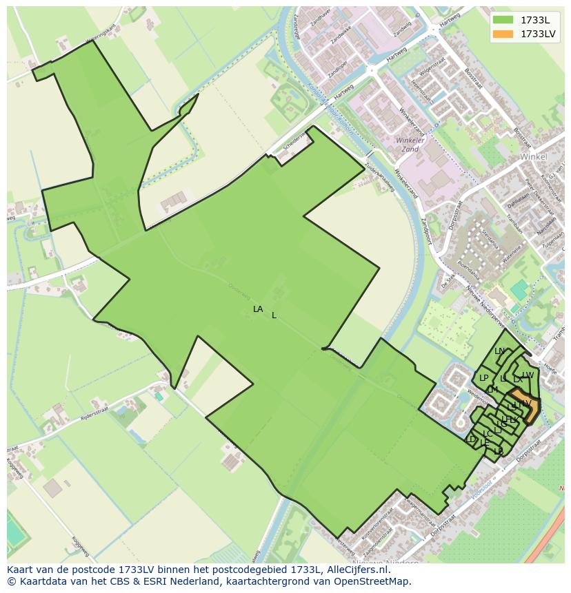 Afbeelding van het postcodegebied 1733 LV op de kaart.