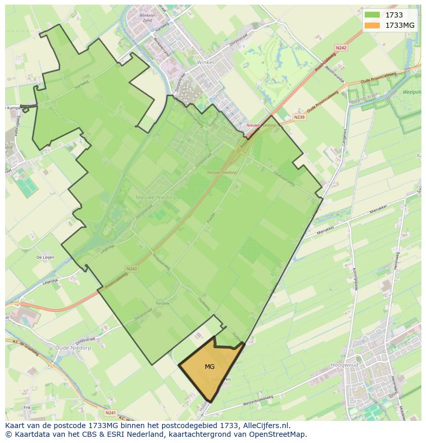 Afbeelding van het postcodegebied 1733 MG op de kaart.