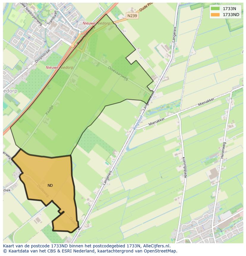 Afbeelding van het postcodegebied 1733 ND op de kaart.