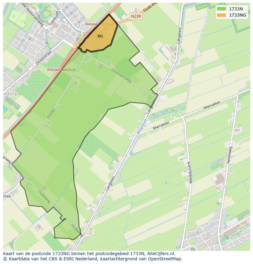 Afbeelding van het postcodegebied 1733 NG op de kaart.