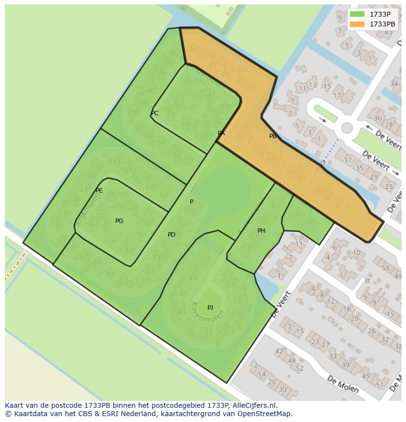 Afbeelding van het postcodegebied 1733 PB op de kaart.