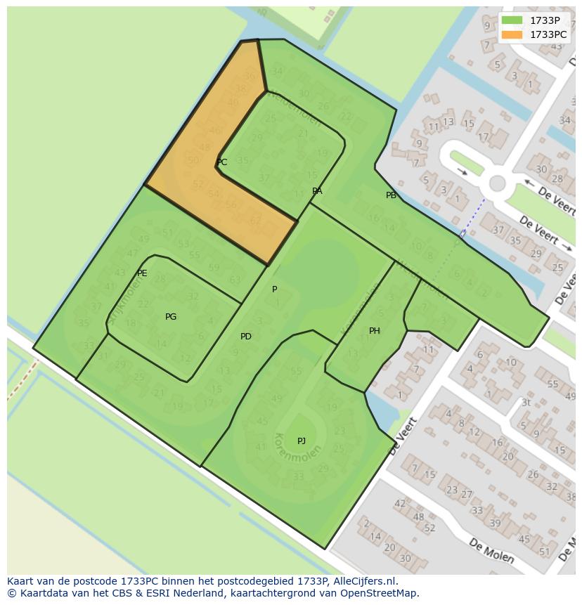 Afbeelding van het postcodegebied 1733 PC op de kaart.