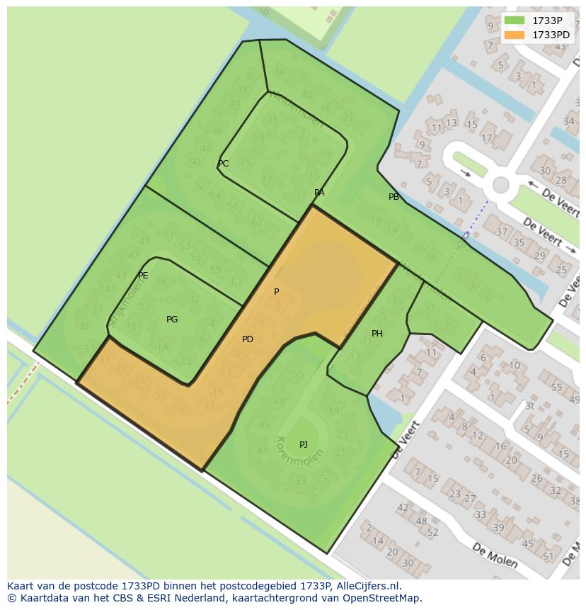 Afbeelding van het postcodegebied 1733 PD op de kaart.