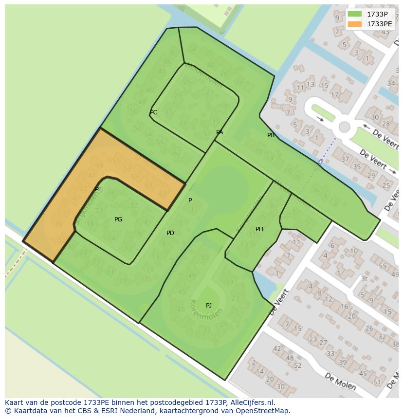 Afbeelding van het postcodegebied 1733 PE op de kaart.