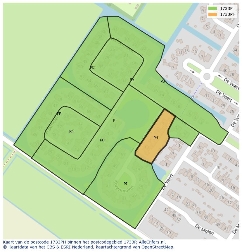 Afbeelding van het postcodegebied 1733 PH op de kaart.