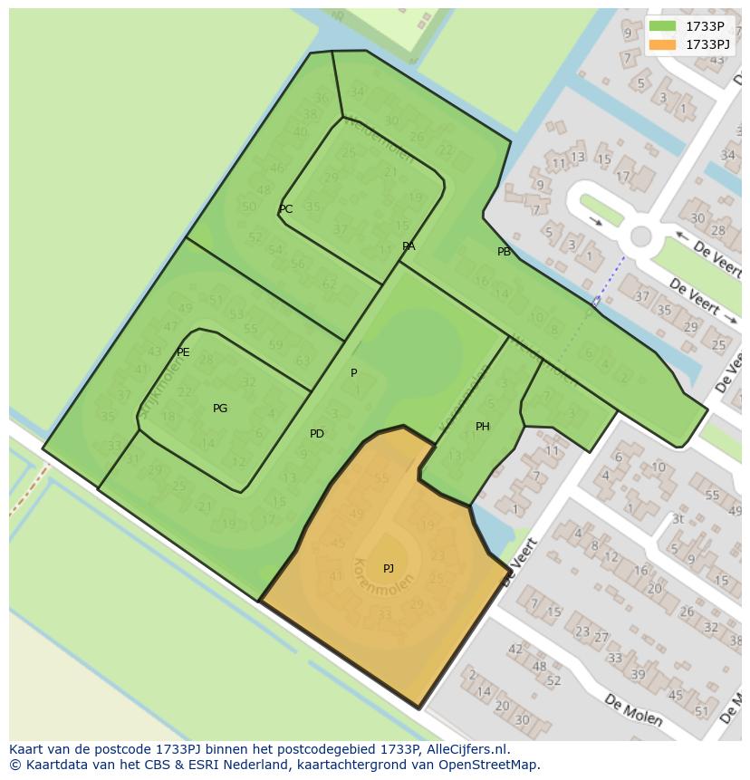 Afbeelding van het postcodegebied 1733 PJ op de kaart.