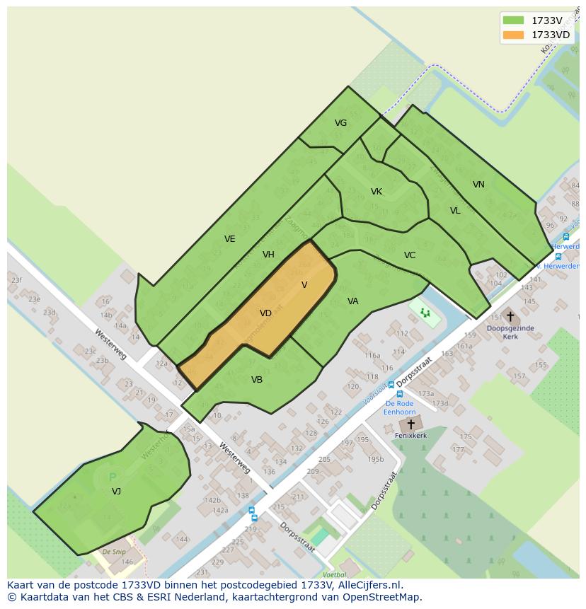 Afbeelding van het postcodegebied 1733 VD op de kaart.