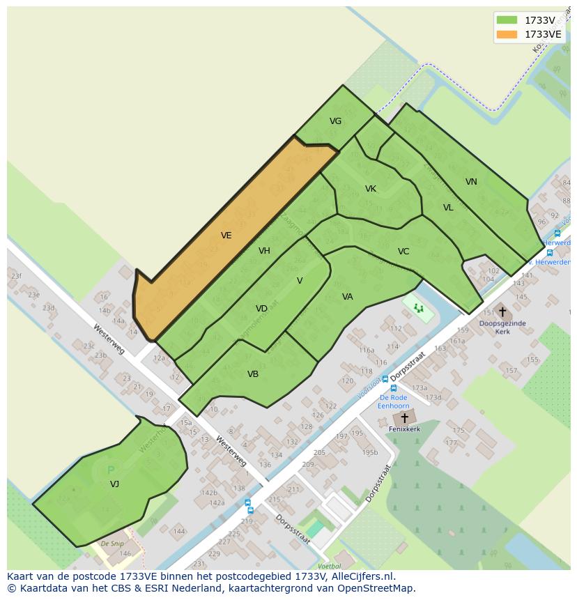 Afbeelding van het postcodegebied 1733 VE op de kaart.