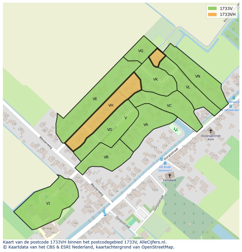 Afbeelding van het postcodegebied 1733 VH op de kaart.